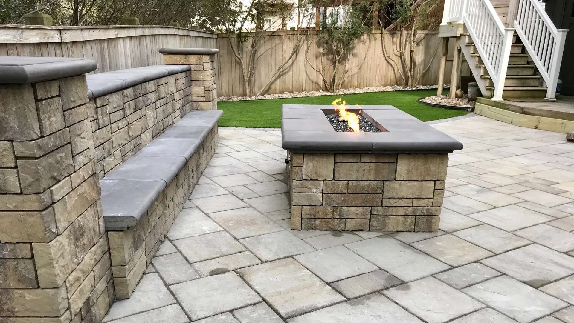 Backyard Interlocking Patio & Fireplace & RETAINING WALL